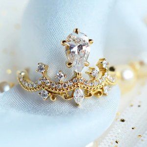 💎14K Gold Plated Crown CZ Wedding Ring for Women, MLNN1091